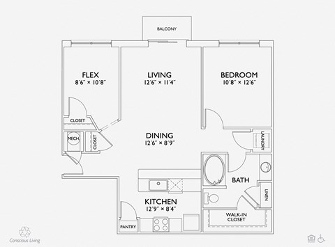 Floor plan for 1 bed, 1 bath, 923 sqft